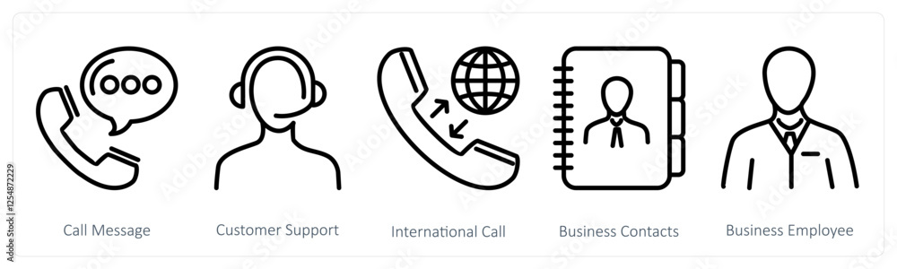 A set of 5 business icons as call message, customer support, international call A set of 5 business icons as call message, customer support, international call