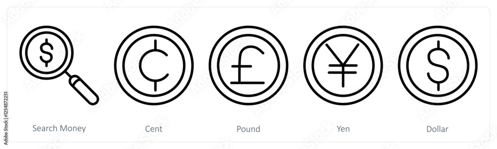 A set of 5 business icons as search money, cent, pound A set of 5 business icons as search money, cent, pound