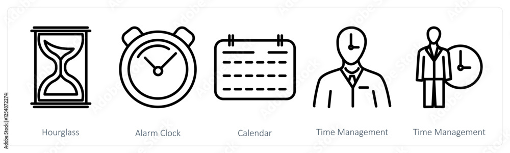 A set of 5 business icons as hourglass, alarm clock, calendar A set of 5 business icons as hourglass, alarm clock, calendar