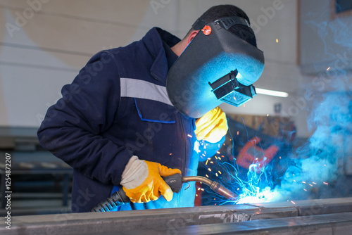 High-precision metal machining and welding process in an industrial workshop, including lathe turning, threading, milling, cutting, coolant application, gas control, and MIG welding operations.