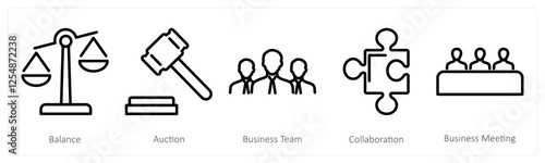 A set of 5 business icons as balance, auction, business team