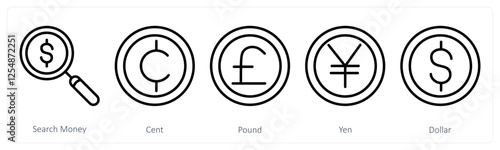 A set of 5 business icons as search money, cent, pound