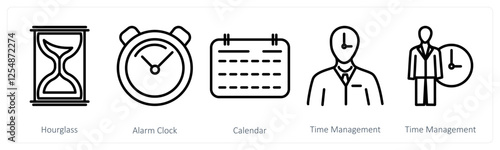 A set of 5 business icons as hourglass, alarm clock, calendar