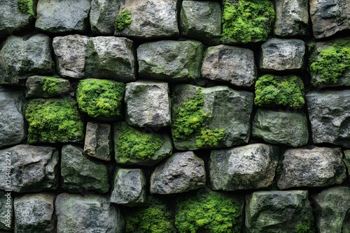 Moss-Covered Stone Wall Texture for Natural Design and Landscaping