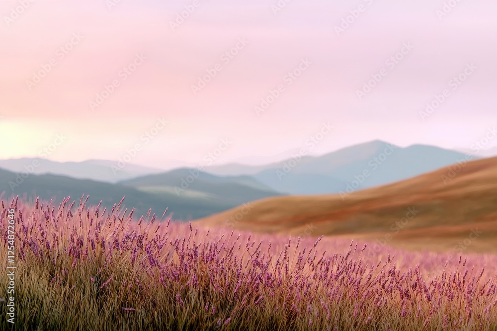 Obraz premium Serene Lavender Field Under Soft Sunset Light with Rolling Hills and Mountains in the Background