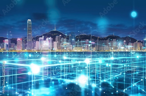 Illuminated Cityscape of Hong Kong at Night with Futuristic Digital Network Overlay