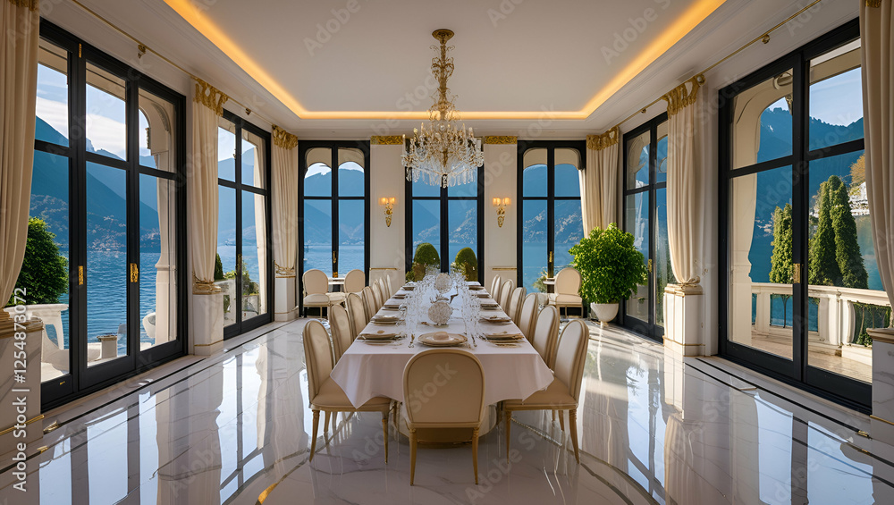 Fototapeta premium A luxurious dining room in a grand Lake Como mansion with glossy marble floors