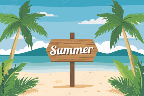 Beach with palm trees. Palm trees on a sandy beach. Paradise beach with palm trees and a "summer" sign. Current island. Paradise holiday. Rest in eternal summer.