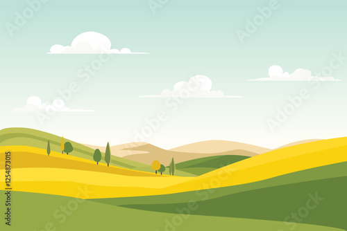 Summer meadows and fields against the backdrop of hills and mountains. Yellow and green fields and meadows, hills and mountains. Landscape of green meadows and yellow fields, trees and hills.