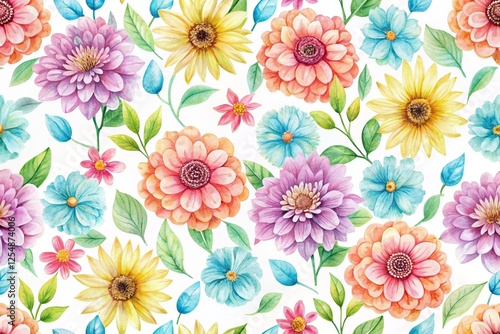 Aerial Pastel Watercolor Flower Field Seamless Pattern - Soft Spring Floral Repeat Background