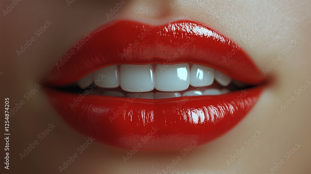 Obraz premium Women's red lips white teeth smile beauty. AI generated