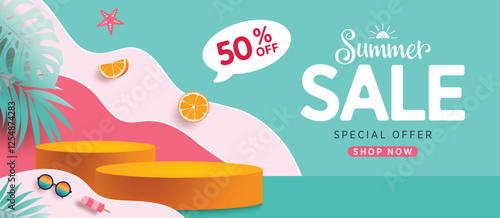 Summer sale banner clipart background design. Summer sale special offer 50% off discount for holiday season template with orange podium clip art in pink  paper cut blue background vector illustration.