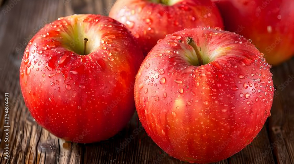Juicy red apples with water droplets on a rustic wooden surface. Perfect for healthy eating, food blogs, and fresh produce themes. Juicy red apples with water droplets on a rustic wooden surface. Perfect for healthy eating, food blogs, and fresh produce themes.