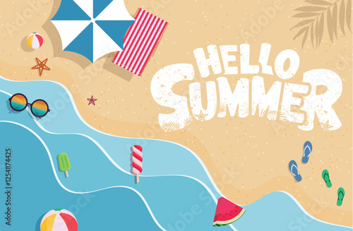 Hello summer border clipart poster design. Summer greeting text in curve paper waves cut style clip art in top view beach background vector illustration.
