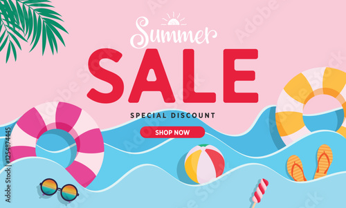 Summer sale background clipart poster design. Summer sale text clip art in paper cut sea wave with tropical elements for holiday season special discount promo pink background vector illustration.
