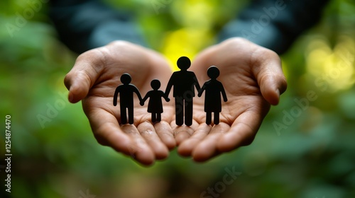 Hands holding family figurine, nature background, care, protection,  family values