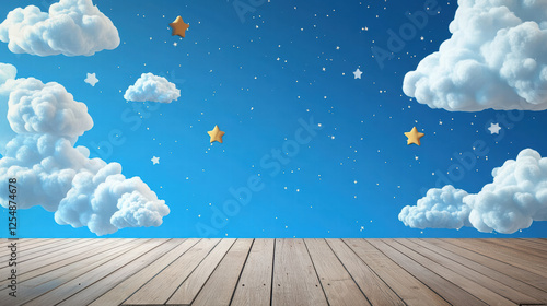 vibrant blue sky with fluffy clouds and golden stars creates whimsical atmosphere, perfect for children rooms or playful designs. wooden floor adds warmth to scene