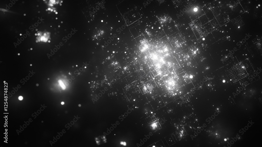 Obraz premium Abstract Grid of Glowing Points in Dark Space with Blurred Circles of Light in the Distance