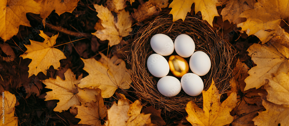 Nest with Golden & White Eggs Surrounded by Autumn Leaves