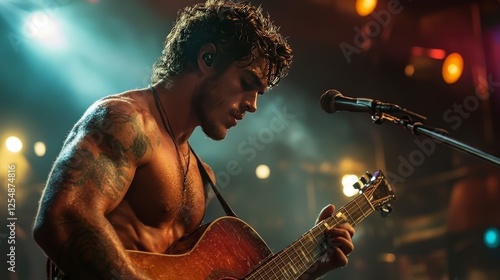 Young Guitarist Performing Passionately on Stage with Intense Lighting and Captivated Audience in Background