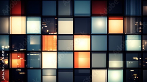 Abstract Grid of Lit Windows in a Cityscape at Night Geometric and Modern Composition