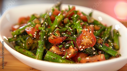 Delicious asparagus and tomato salad with sesame seeds. Perfect for healthy eating and summer recipes.