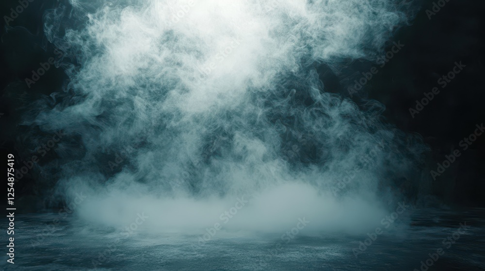 Fototapeta premium Dark teal smoke fills a dark room, creating a mysterious atmosphere. Ideal for backgrounds, enhancing suspense, mystery, or fantasy themes in designs.