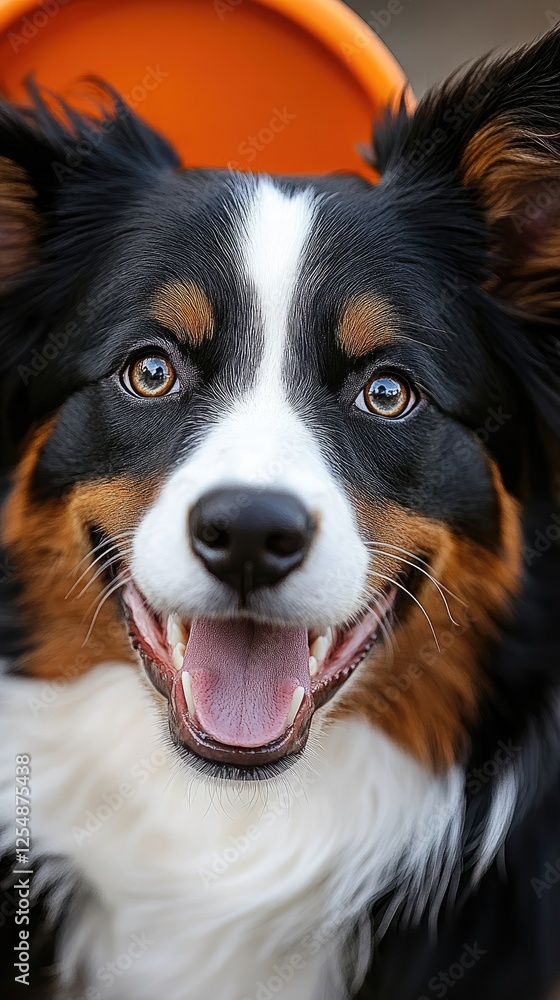 Fototapeta premium Close-Up of a Happy Dog Outdoors with Vibrant Orange Background and Natural Lighting