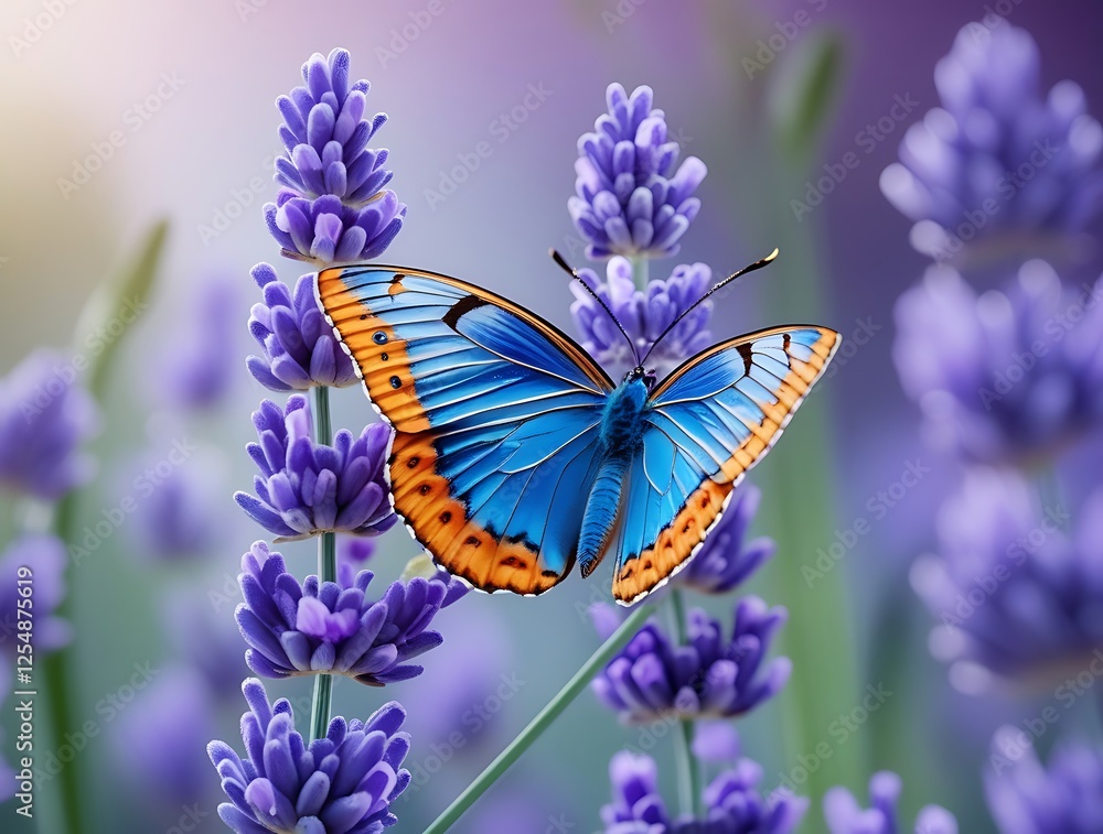 Beautiful butterfly with intricate wing patterns in vivid colors gracefully landing on a lavender flower, surrounded by a dreamy blurred background of purple and green hues
Beautiful butterfly with intricate wing patterns in vivid colors gracefully landing on a lavender flower, surrounded by a dreamy blurred background of purple and green hues