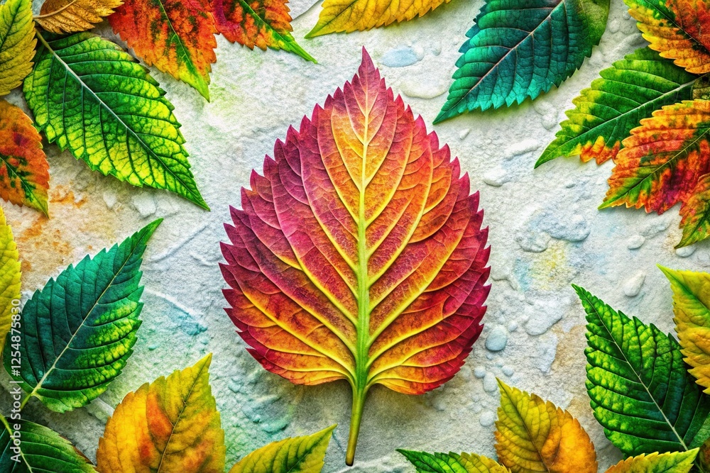 Botanical Watercolor Leaf Print on Textured Garden Wall - Architectural Stock Photo Botanical Watercolor Leaf Print on Textured Garden Wall - Architectural Stock Photo