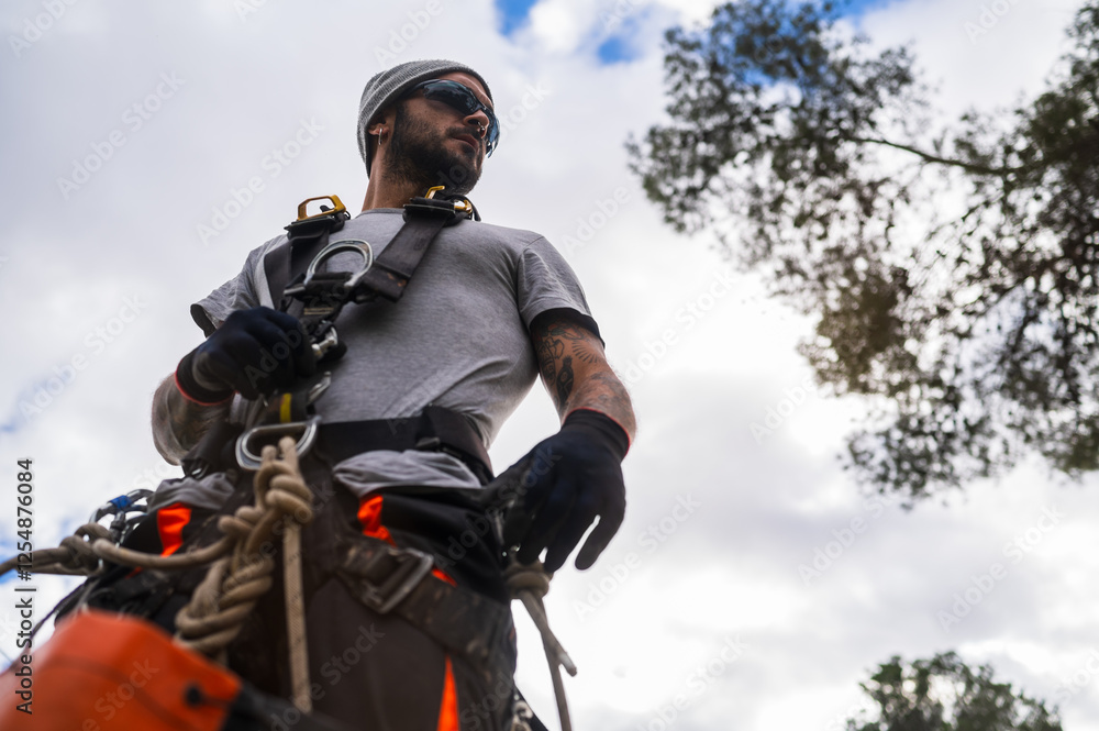 Rope access technician preparing for tree pruning with safety harness and equipment Rope access technician preparing for tree pruning with safety harness and equipment