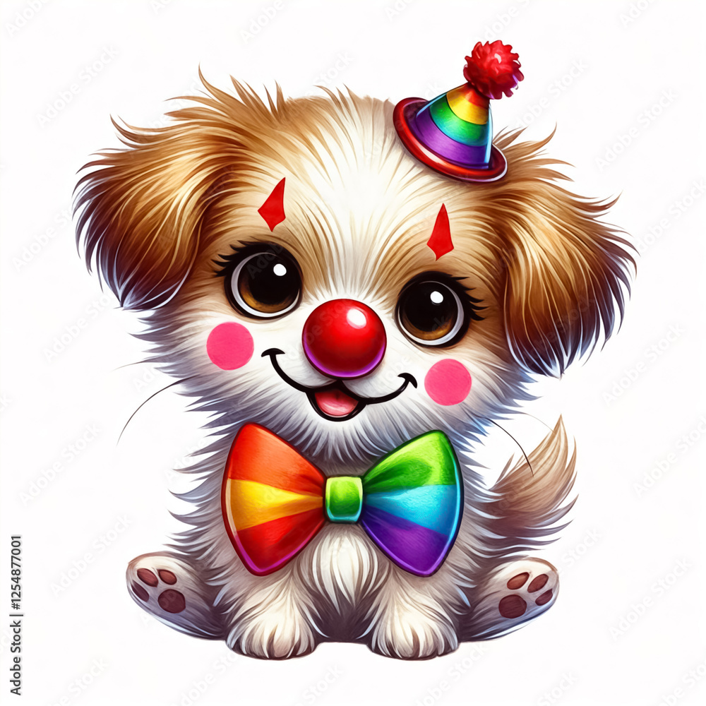 Obraz premium Happy puppy with a clown face, rainbow bow tie, and red nose