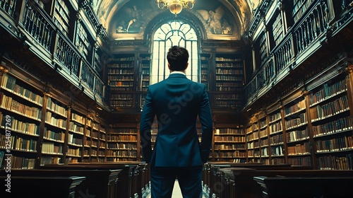 Man in suit standing in grand library, back view, admiring bookshelves & architecture.  Image evokes knowledge, success, and ambition.