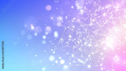 Abstract Mesh Network of White Lines and Glowing Spheres on Gradient Blue Purple Background