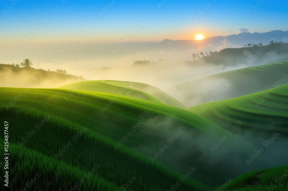 Fototapeta premium Sunrise Over Misty Rice Terraces