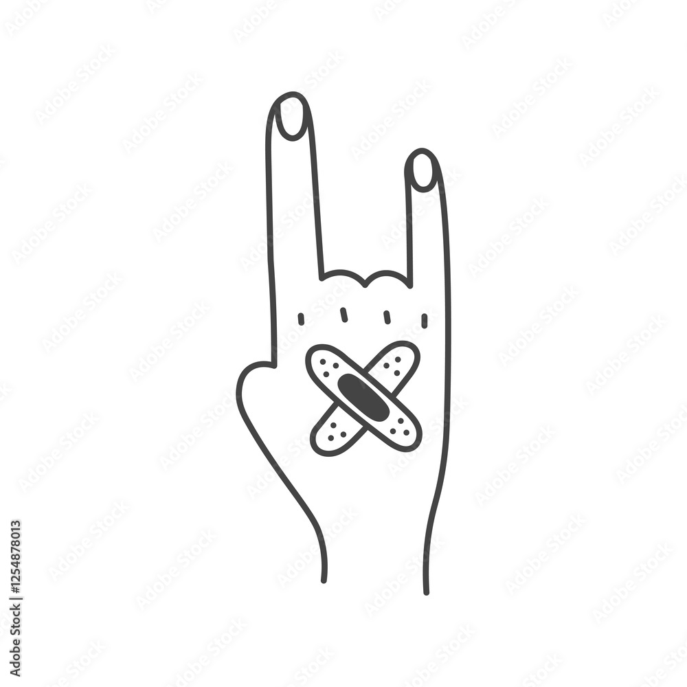 Fototapeta premium Human Hand with Adhesive Bandages Line illustration. Doodle gesture with Horns pose and Medical Plaster. Vector Healthcare Injury Wound recovery and protection design