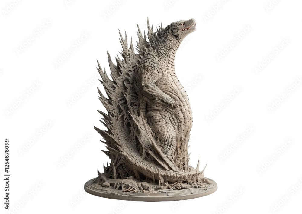 Majestic representation of a powerful reptilian creature with intricate scales and spikes, showcasing the strength and dominance of a classic monster in sculpted form Majestic representation of a powerful reptilian creature with intricate scales and spikes, showcasing the strength and dominance of a classic monster in sculpted form