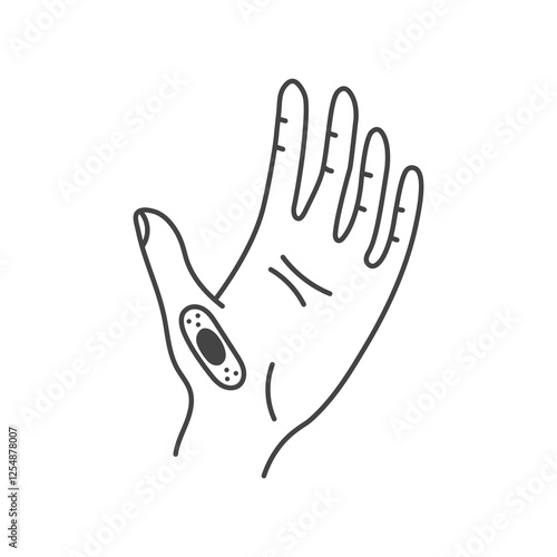 Open Palm of Hand with Adhesive Bandage. Outline gesture with medical sticking plaster. Injury protection and wound recovery symbol. First aid and healthcare sign. Vector illustration