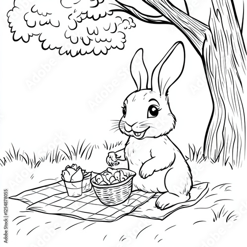 Adorable Bunny Picnic Fun Coloring Page for Kids  photo