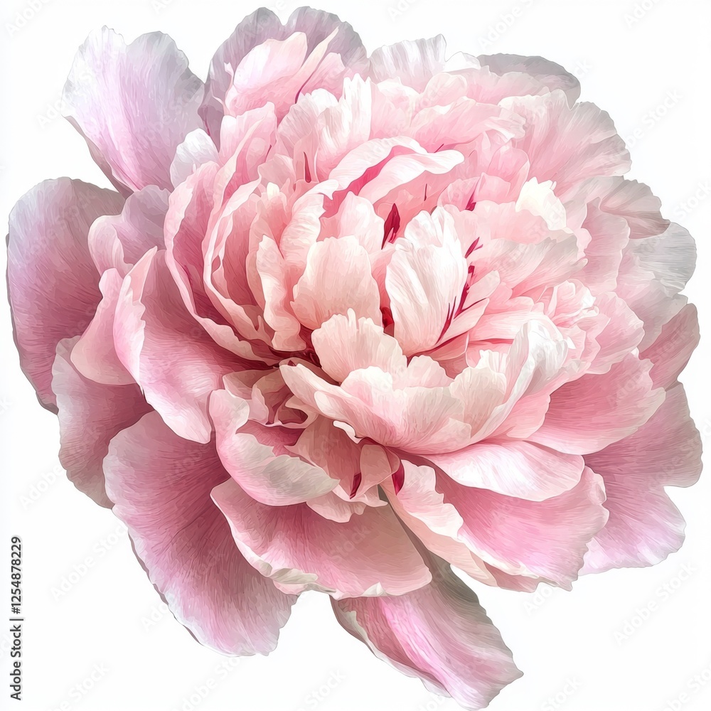 Obraz premium Blooming Pink Peony Flower with Delicate Petals and Soft Texture Against a White Background