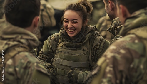 A woman in military gear laughing with other soldiers