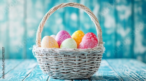 A wicker basket brimming with decorated eggs in vibrant hues rests on a rustic wooden table. The backdrop features a soft, dreamy blue that enhances the festive spring atmosphere