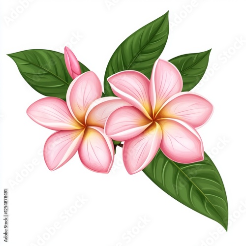 Beautiful pink plumeria flowers with vibrant green leaves on a clean white background for design and decoration projects