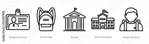 A set of 5 education icons as student id card, school bag, school
