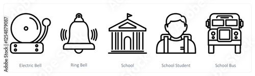 A set of 5 education icons as electric bell, ring bell, school