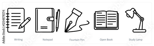 A set of 5 education icons as writing, notepad, fountain pen