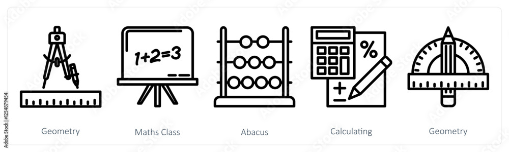 A set of 5 education icons as geometry, maths class, abacus A set of 5 education icons as geometry, maths class, abacus
