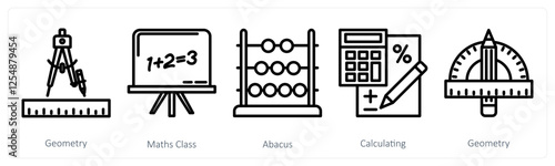 A set of 5 education icons as geometry, maths class, abacus