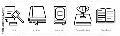 A set of 5 education icons as law, bookmark, trophy on book