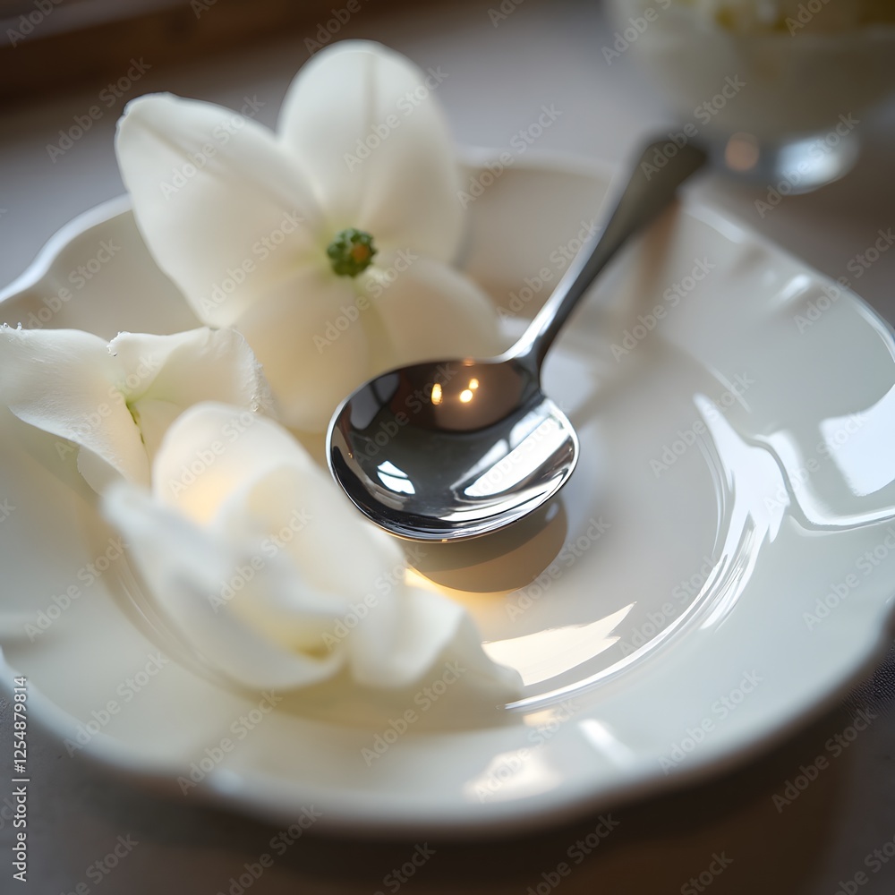 Elegant White Flowers and Polished Silver Spoon on a White Plate Still Life Photography Elegant White Flowers and Polished Silver Spoon on a White Plate Still Life Photography